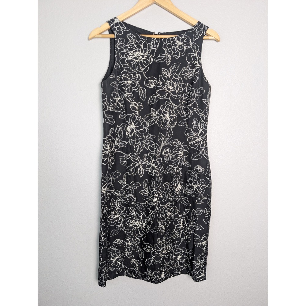 Ann Taylor Women 100 Silk Floral Sheath Dress Black White Size 6 Sleeveless Knee